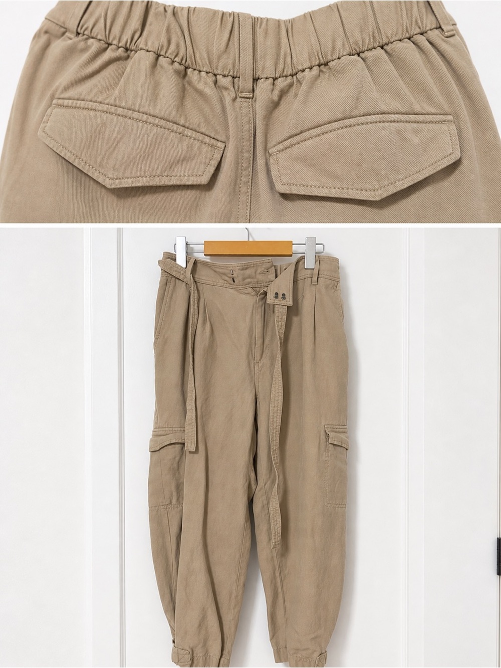 2 for $20 Banana Republic Tan Cargo Cropped Joggers with Waist Tie - Picture 2 of 4